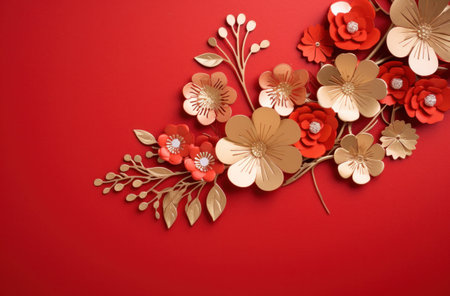 Paper flowers on a red background with copy space for your text.の写真素材