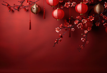Chinese New Year background with red paper lanterns and cherry blossom branch on red backgroundの写真素材