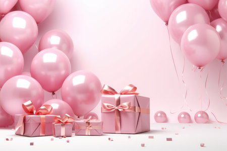 Gift boxes and pink balloons on white background. 3d renderingの写真素材