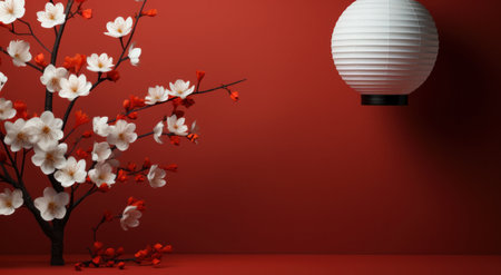 3d render of white paper lantern and cherry blossom on red backgroundの写真素材