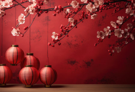 Chinese new year lanterns with cherry blossom on red background.の写真素材