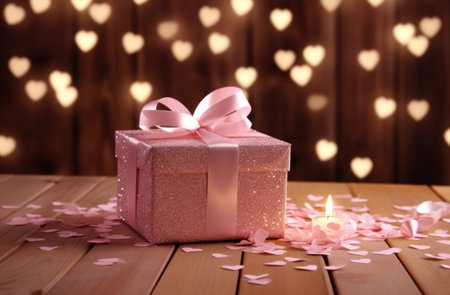 Gift box with pink bow on wooden table on bokeh backgroundの写真素材