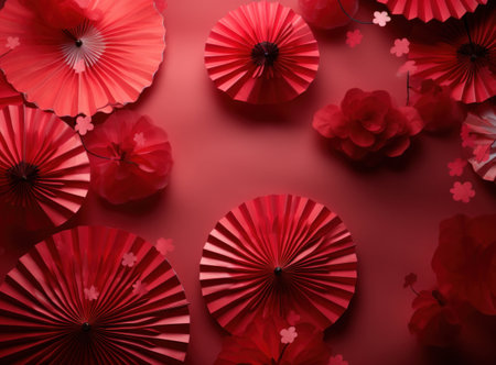 Paper fans and flowers on red background, 3d rendering. Computer digital drawing.の写真素材