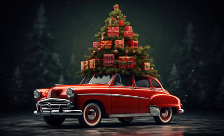 Vintage car with christmas tree and gift boxes. 3D renderingの写真素材