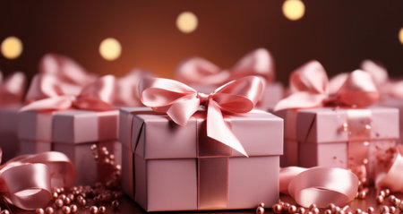Gift boxes with bow on bokeh background. 3d renderingの写真素材