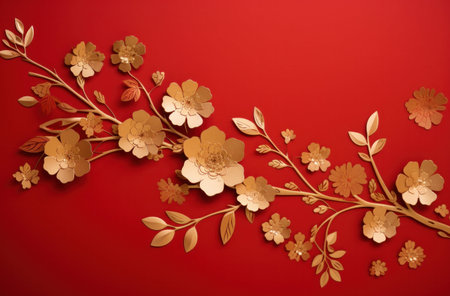 Beautiful paper flowers on a red background. Floral background.の写真素材