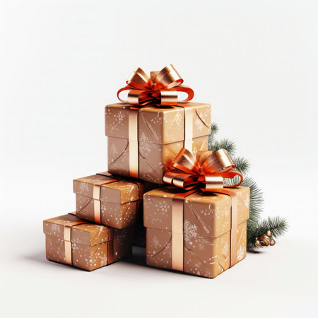 Christmas gift boxes with golden bows and ribbons. Vector illustration.