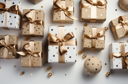 Gift boxes with golden bows on a white background, top view