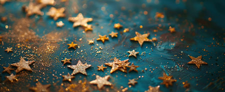 Christmas and New Year background. Golden stars on a blue background.