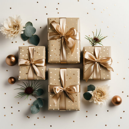 Gift boxes with golden bows and eucalyptus branches on white background. Flat lay, top view.