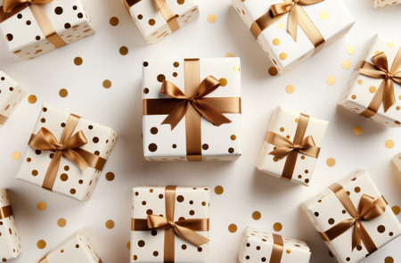 top view of gift boxes with golden bows on white background, flat lay