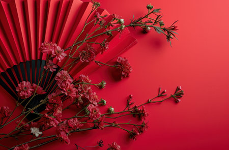 Chinese New Year background. Red fan and flowers on red background.の写真素材
