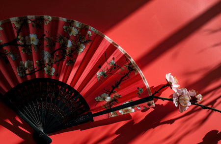 Chinese fan and cherry blossom on a red background with shadow.の写真素材