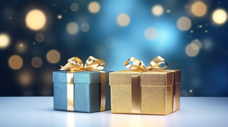 Gift boxes on blue bokeh background. 3d rendering