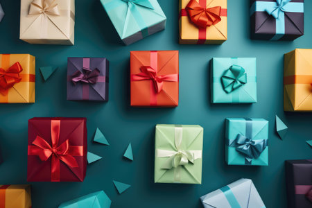 top view of colorful gift boxes with ribbons on green background, flat layの写真素材