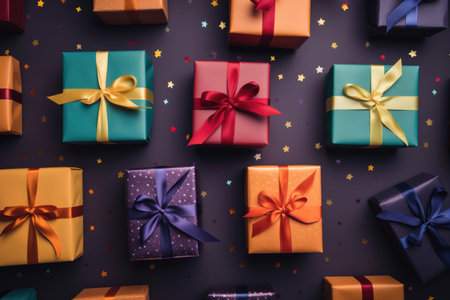 Colorful gift boxes with ribbons on dark background, top view