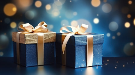 Gift boxes with gold bow on blue bokeh background.