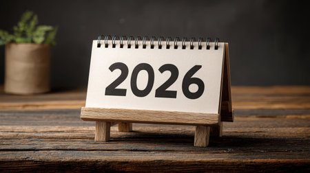 Wooden calendar with 2026 date on wooden background. New year concept