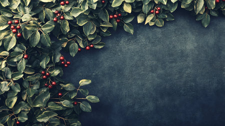 Christmas background with green leaves and red berries on dark blue background.