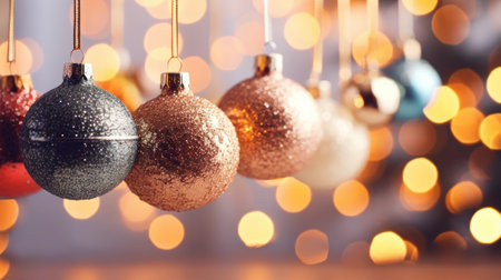 Beautiful Christmas balls hanging on bokeh background, closeup