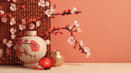 Chinese new year lanterns and blooming cherry branches on white tableの写真素材