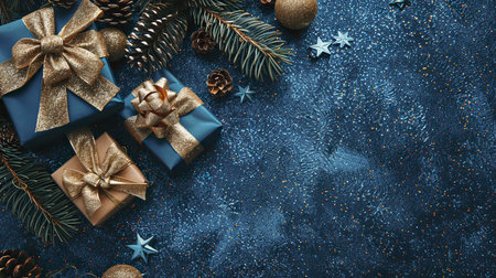 Christmas background with gift boxes and fir tree branches on dark blue background