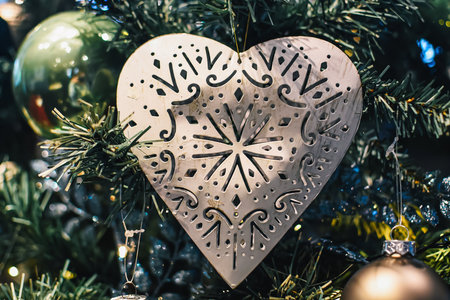 Decorated Christmas tree in the form of a heart, close-up