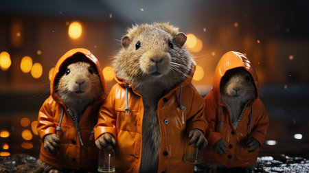 Three funny rodent in orange raincoats