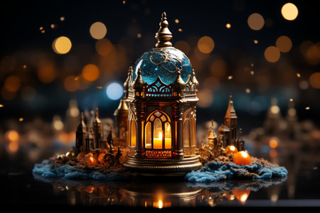 Ramadan Kareem greeting card. Ramadan lantern and mosque on black background