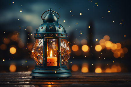 Lantern with burning candle on a wooden table.