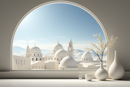 3d illustration of white mosque in a room with a beautiful viewの写真素材