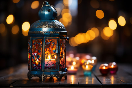 Lantern with burning candles on wooden table. Bokeh background