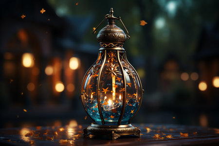 Kerosene lamp on the table in the old city at night