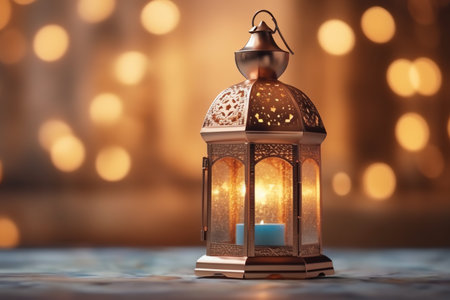 Lantern with burning candle on blurred background.