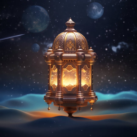 Ramadan Kareem greeting card. Arabic lantern in night sky. 3D rendering