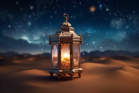 Lantern in the desert at night. 3D rendering.