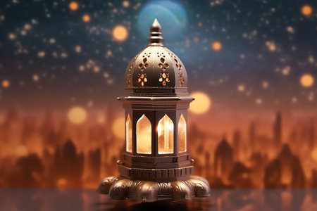 Ramadan Kareem background with mosque and golden lantern. 3d rendering
