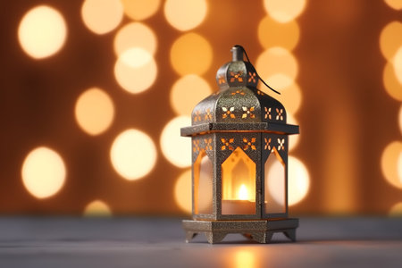 Beautiful lantern on table against blurred lights.の写真素材