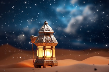Lantern in the desert. Ramadan Kareem concept. 3D Rendering