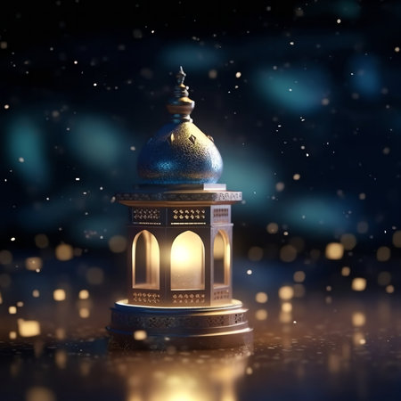 Ramadan Kareem background. Arabic lantern with falling snow. 3d renderingの写真素材