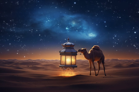 Camel in the desert with starry sky. 3d renderingの写真素材