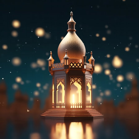 3d illustration of Ramadan Kareem background with mosque and lanterns