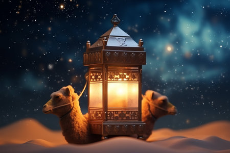 Camel with lantern in the desert.の写真素材