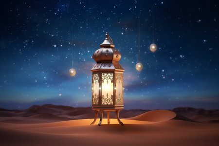 Lantern in the desert. Ramadan Kareem greeting card.