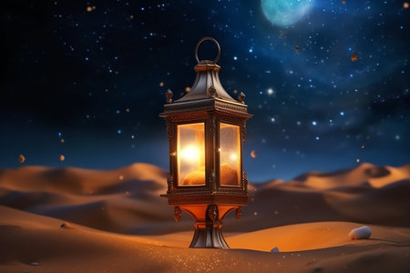 Lantern in the desert. Ramadan Kareem. 3D renderingの写真素材