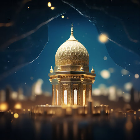 Ramadan Kareem greeting card with mosque in the city at nightの写真素材