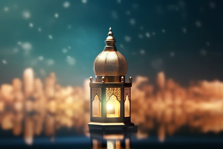 Ramadan Kareem greeting card. Golden lantern on blurred background.
