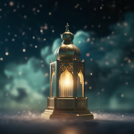 Ramadan Kareem background. Arabic lantern on snow. 3d rendering
