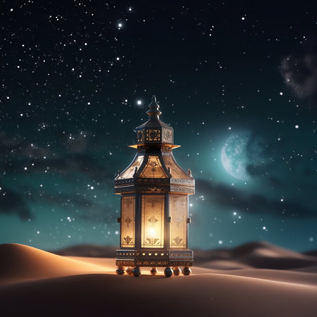 Lantern in the desert at night. 3D rendering.の写真素材