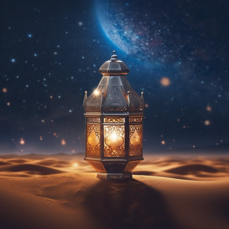 Ramadan Kareem lantern in desert with starry sky background.の写真素材